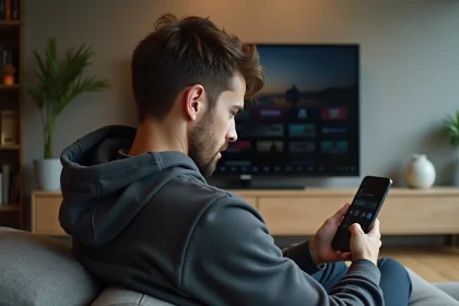 Homme consultant l'application SFR TV sur son smartphone pour vérifier sa consommation de données mobiles