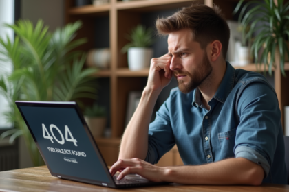 Homme au bureau regardant un message 404 sur son ordinateur