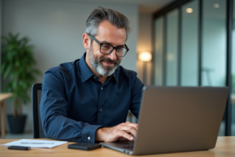 Homme d'âge moyen connectant un disque dur à un ordinateur dans un bureau moderne