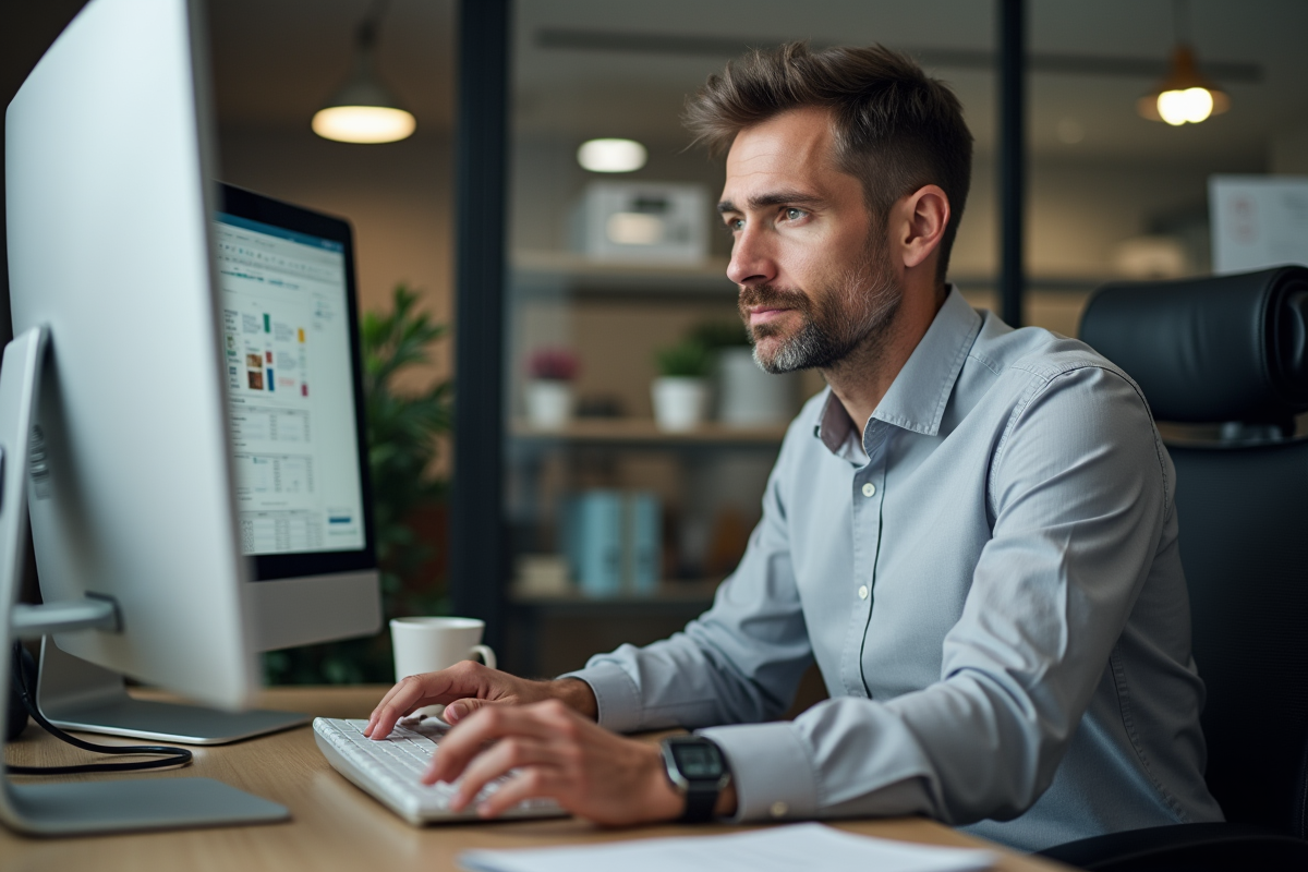 Homme utilisant un ordinateur dans un bureau moderne et organisé