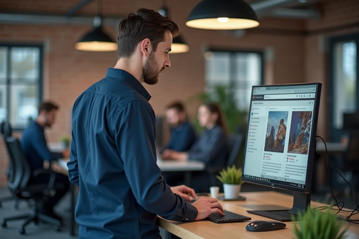 Homme en bureau moderne utilisant un service d'hébergement d'images comme Zupimage pour partager des photos sur les réseaux sociaux