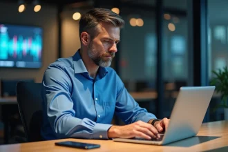 Homme d'âge moyen travaillant sur son ordinateur dans un bureau moderne