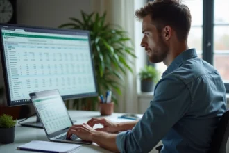 Homme concentré travaillant sur un ordinateur portable en bureau