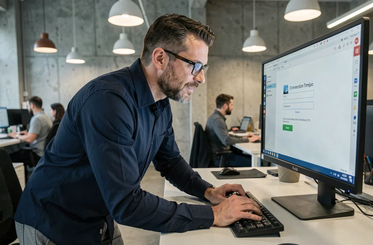 Homme en entreprise consultant une page d'erreur de webmail sur son écran de bureau