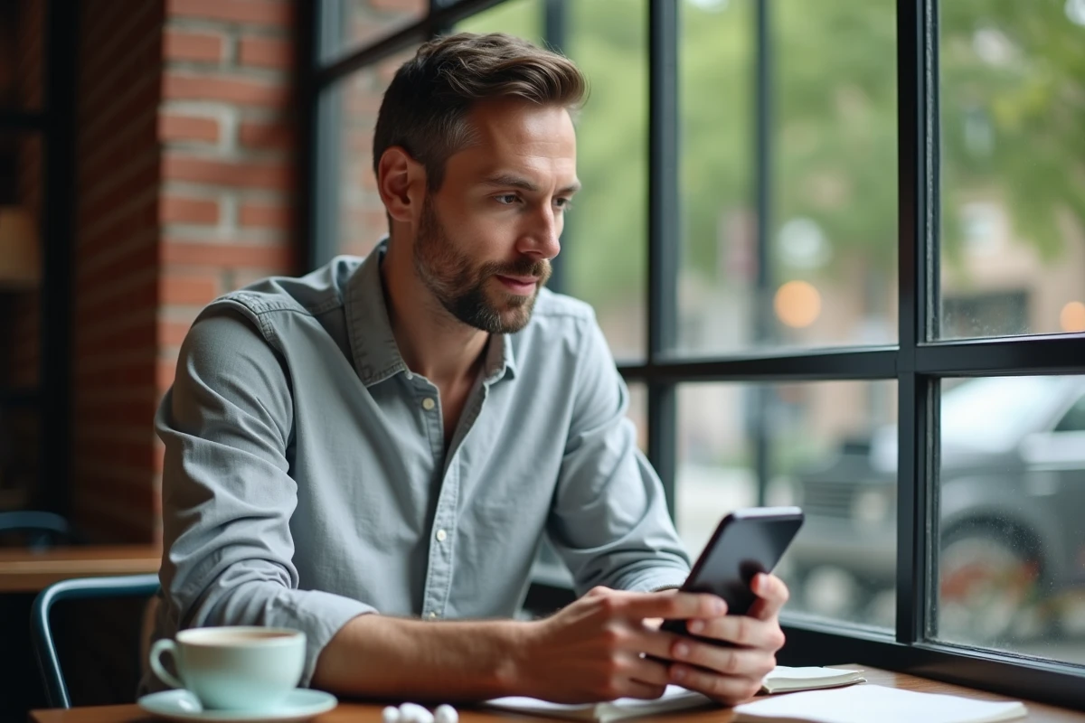 Homme détendu au café en train de consulter son smartphone