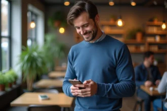 Homme souriant dans un café avec smartphone usé