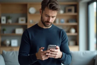 Homme tenant un Samsung Galaxy dans ses mains et comparant les modèles dans un salon moderne