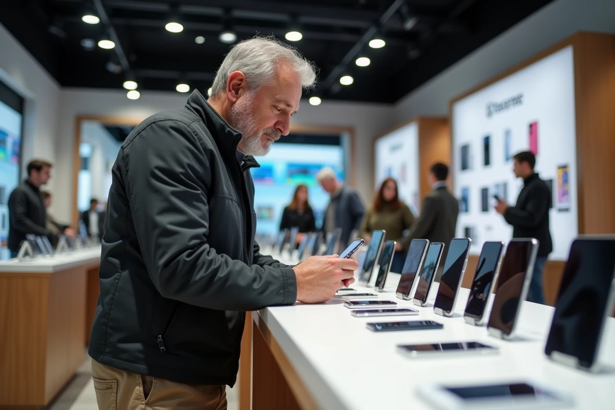 Homme comparant deux smartphones dans un magasin d