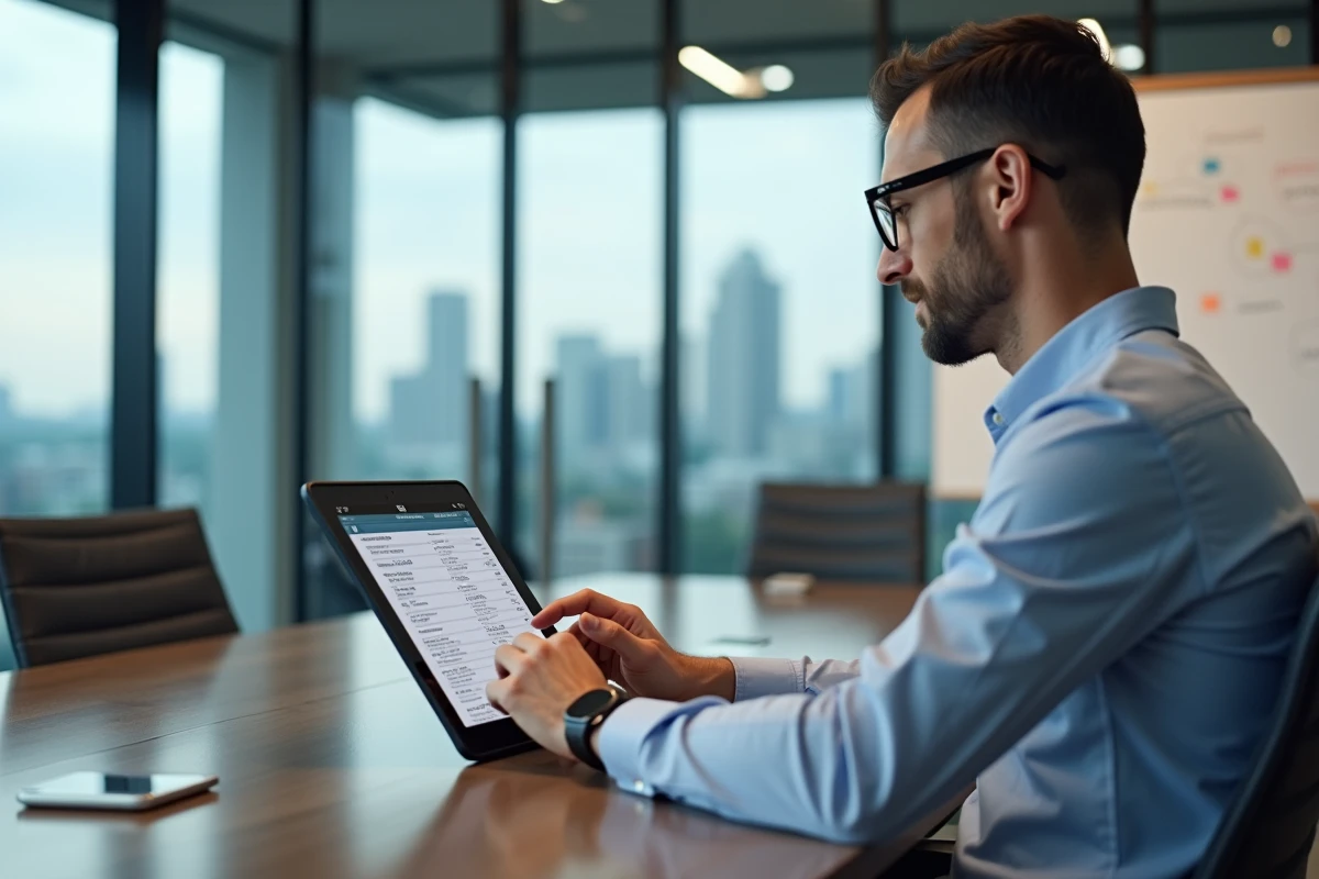 Homme utilisant une tablette pour convertir des fichiers en réunion