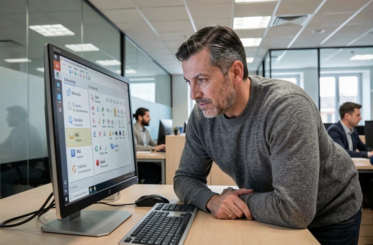 Homme configurant les raccourcis clavier Windows pour les accents espagnols sur un PC de bureau