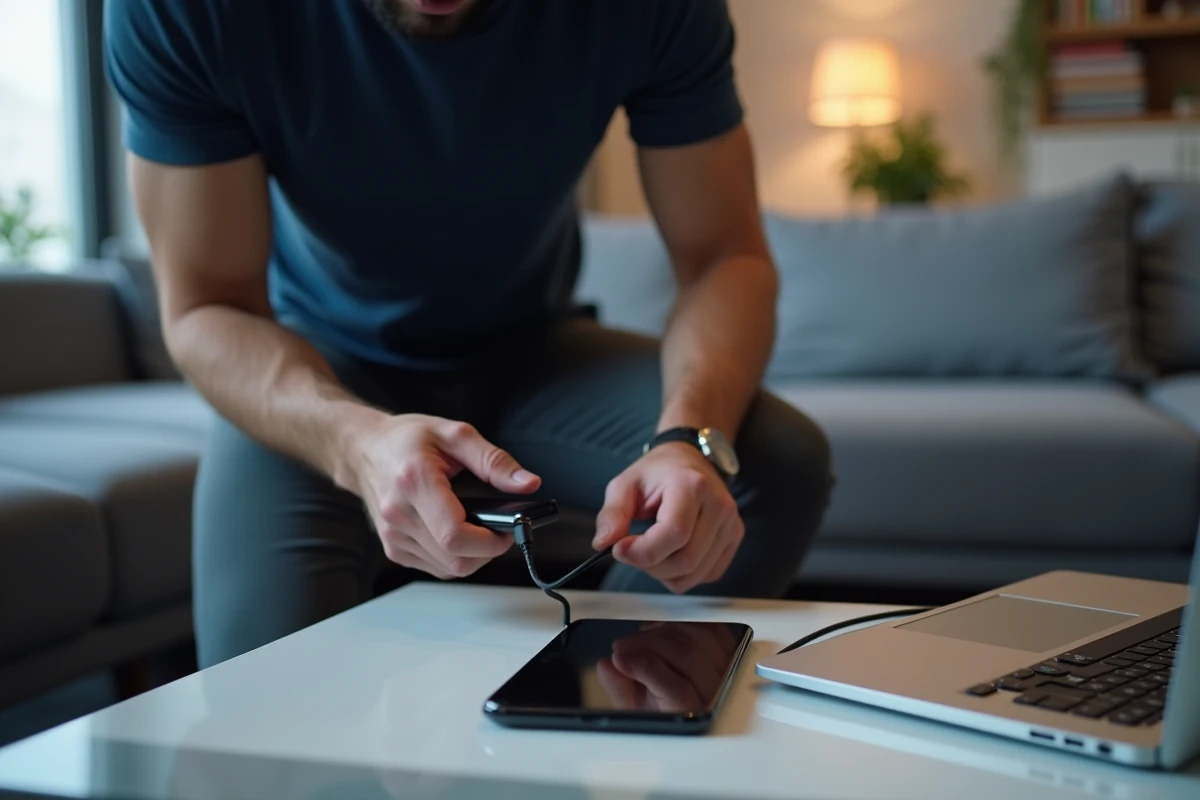 Homme connectant un Samsung Galaxy Z Flip 4 à écran noir à un ordinateur portable via câble USB-C pour récupérer ses données