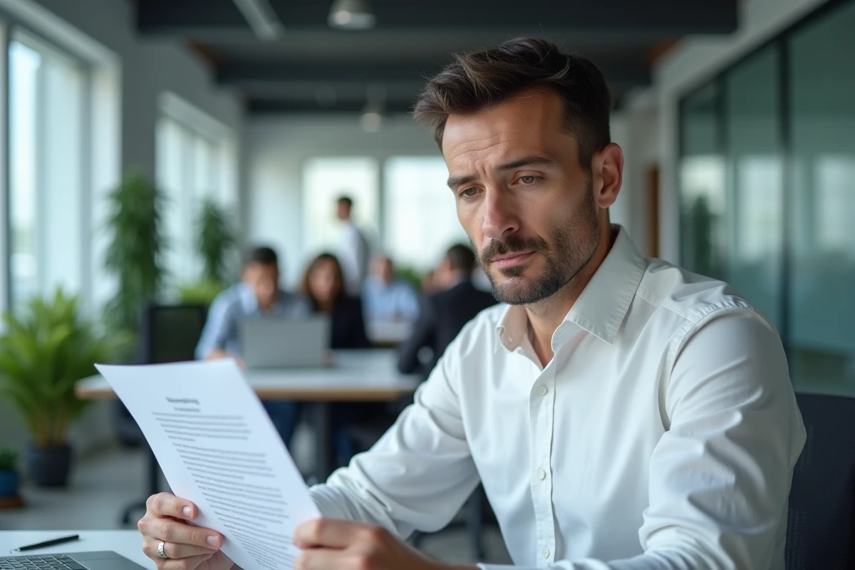 Homme lisant des documents juridiques sur les droits d'auteur numériques dans un bureau professionnel moderne