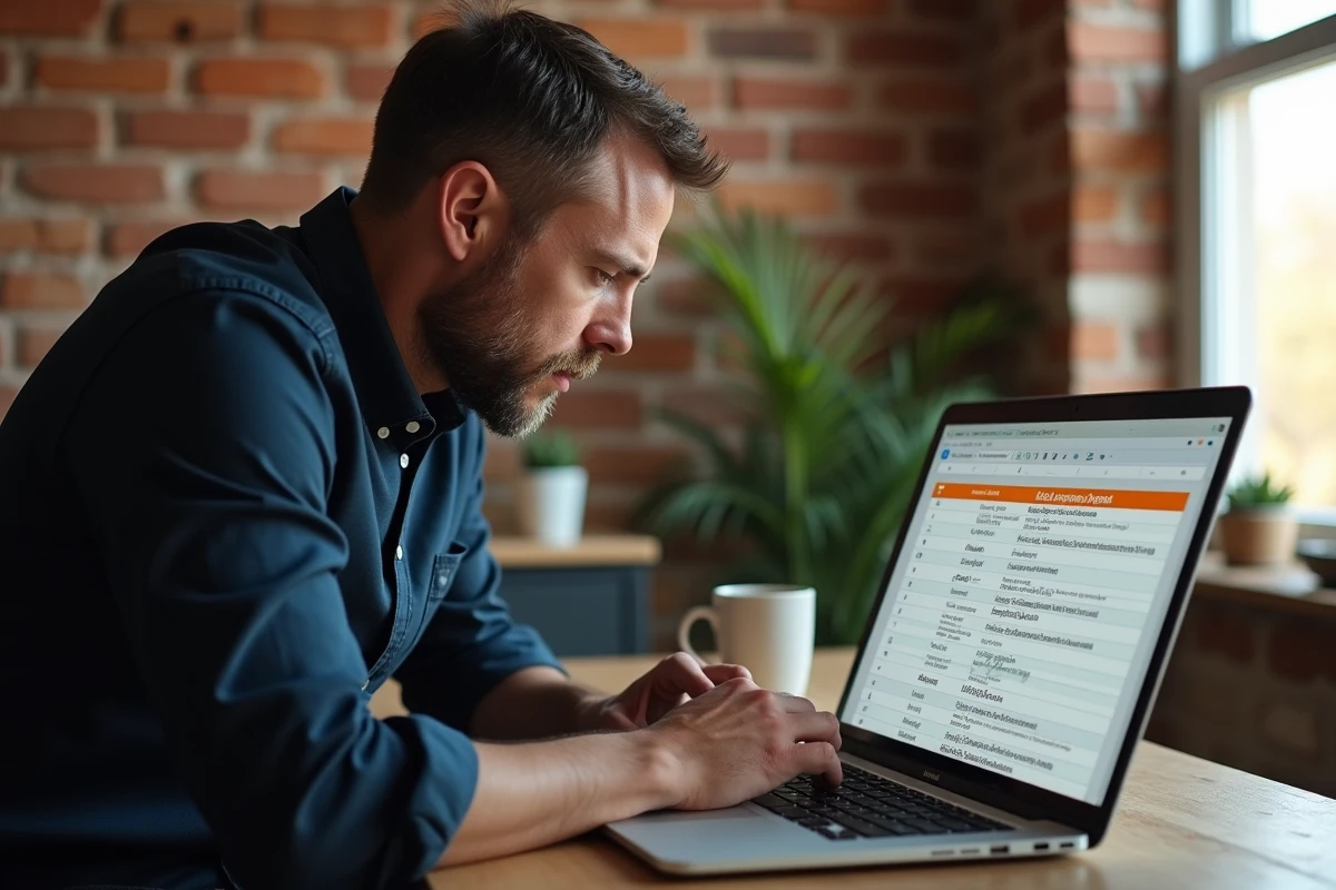 Homme travaillant depuis chez lui sur Excel pour identifier des doublons dans une liste de mails