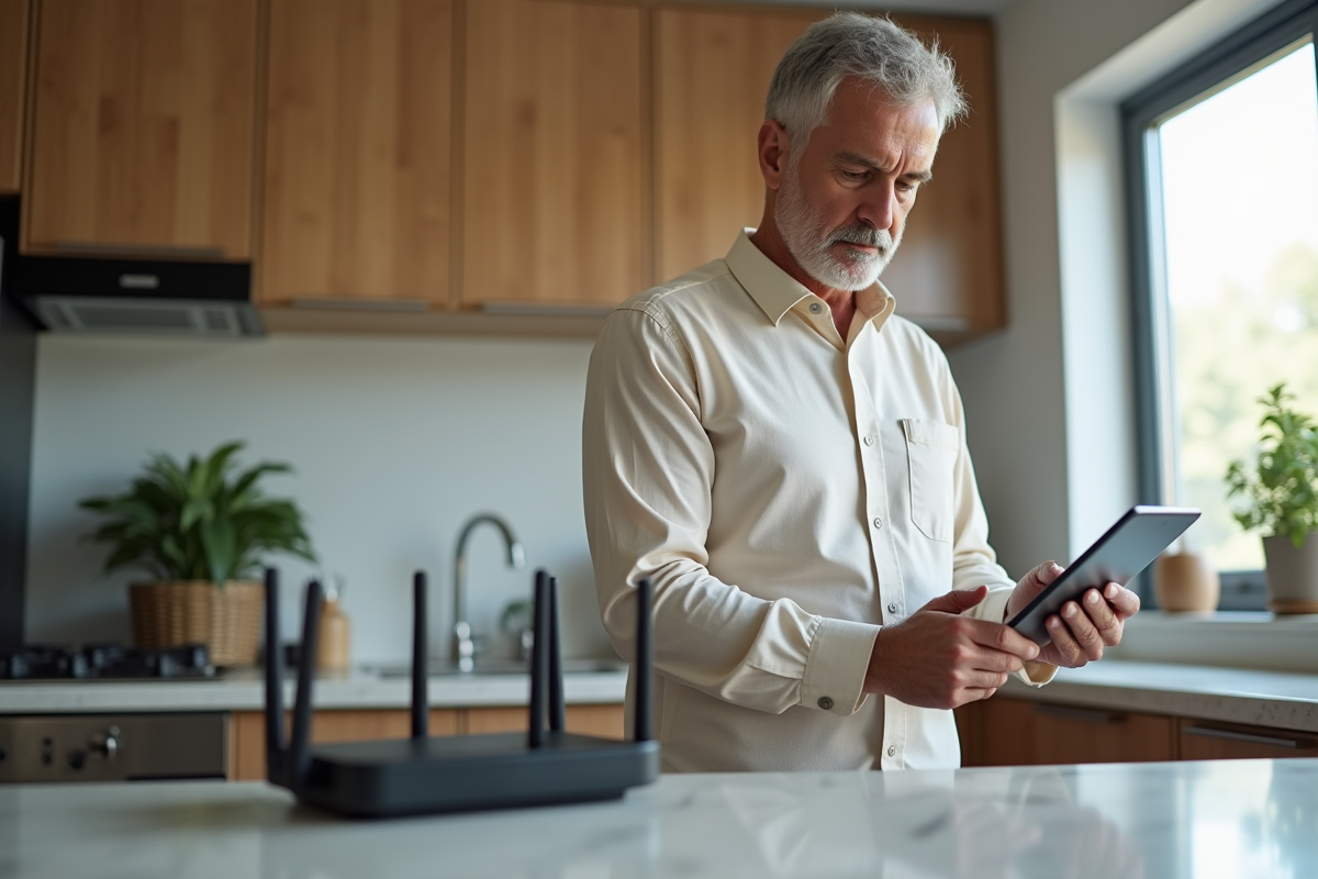 Homme configurant le WiFi dans la cuisine