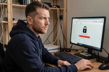 Homme frustré face à une erreur de connexion sur un navigateur web avec un message d'avertissement rouge sur l'écran