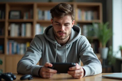 Homme examinant attentivement une console portable Sony avant de passer commande, erreurs à éviter lors de l'achat