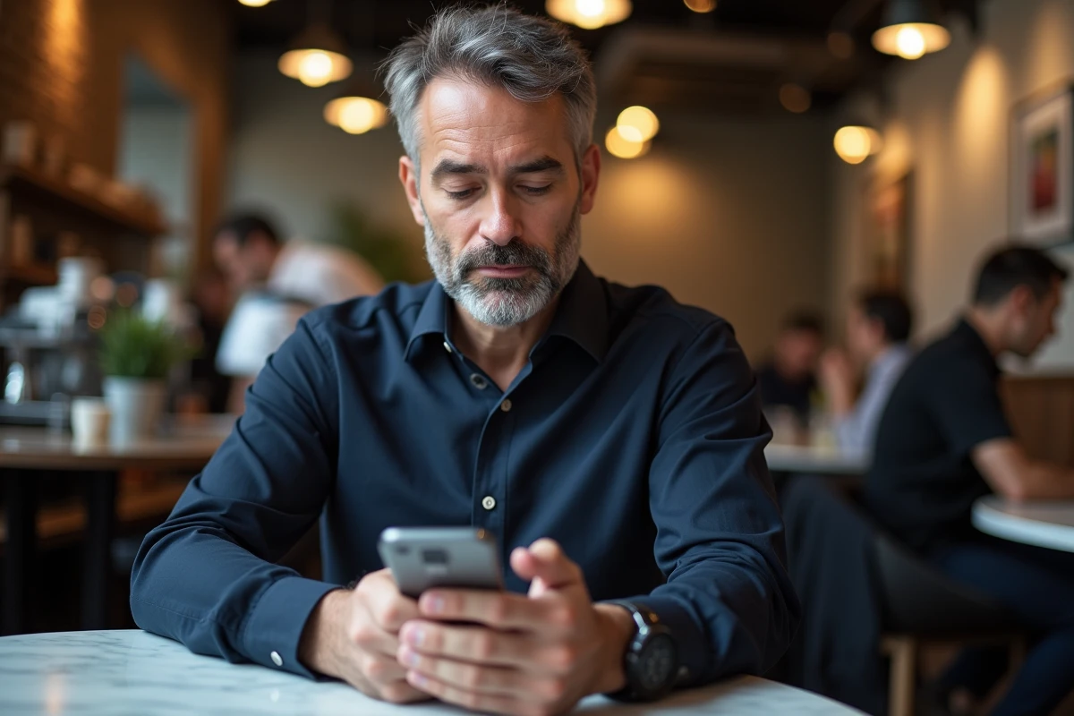 Homme gérant ses données personnelles Google sur smartphone dans un café urbain