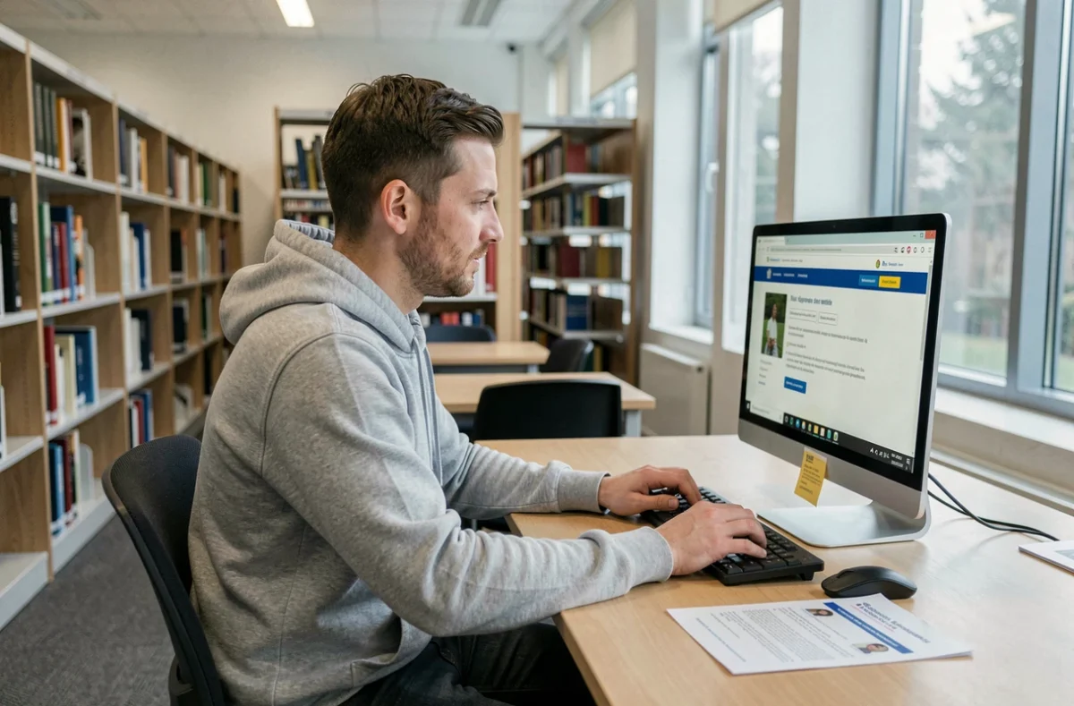 Homme consultant le site France VDICAPS sur un ordinateur de bibliothèque publique pour s'inscrire correctement