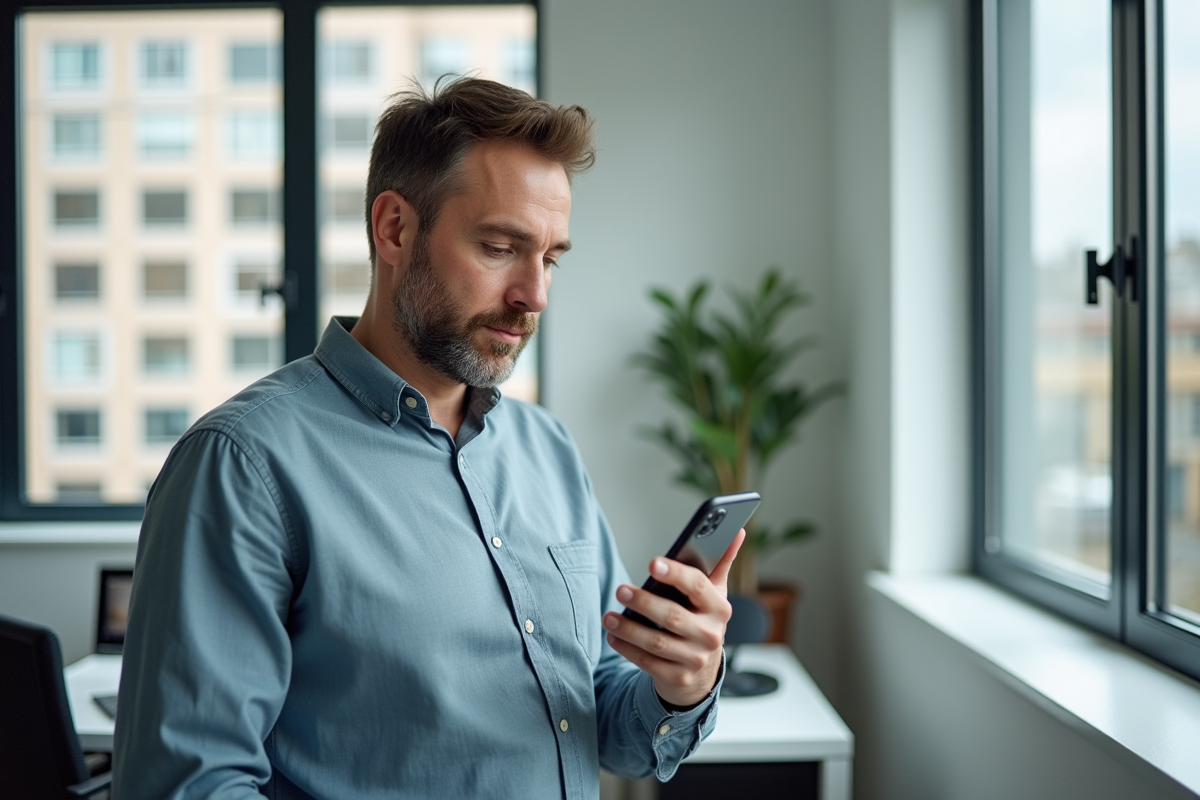 Homme regardant son smartphone avec flux RSS dans un bureau lumineux
