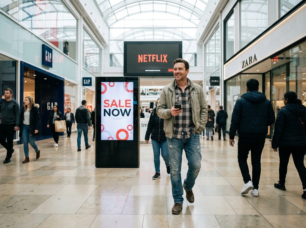 Homme souriant utilisant son smartphone dans un centre commercial