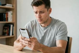 Homme consultant la mise à jour iOS 18.4.1 sur son iPhone dans un bureau moderne
