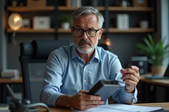 Homme d'âge moyen compare disque dur externe et DVD de données