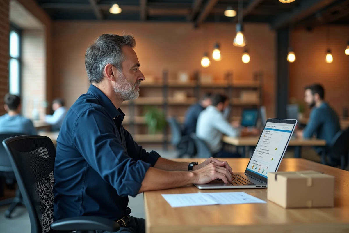 Homme professionnel gérant plusieurs livraisons de colis sur un tableau de bord numérique dans un espace de coworking
