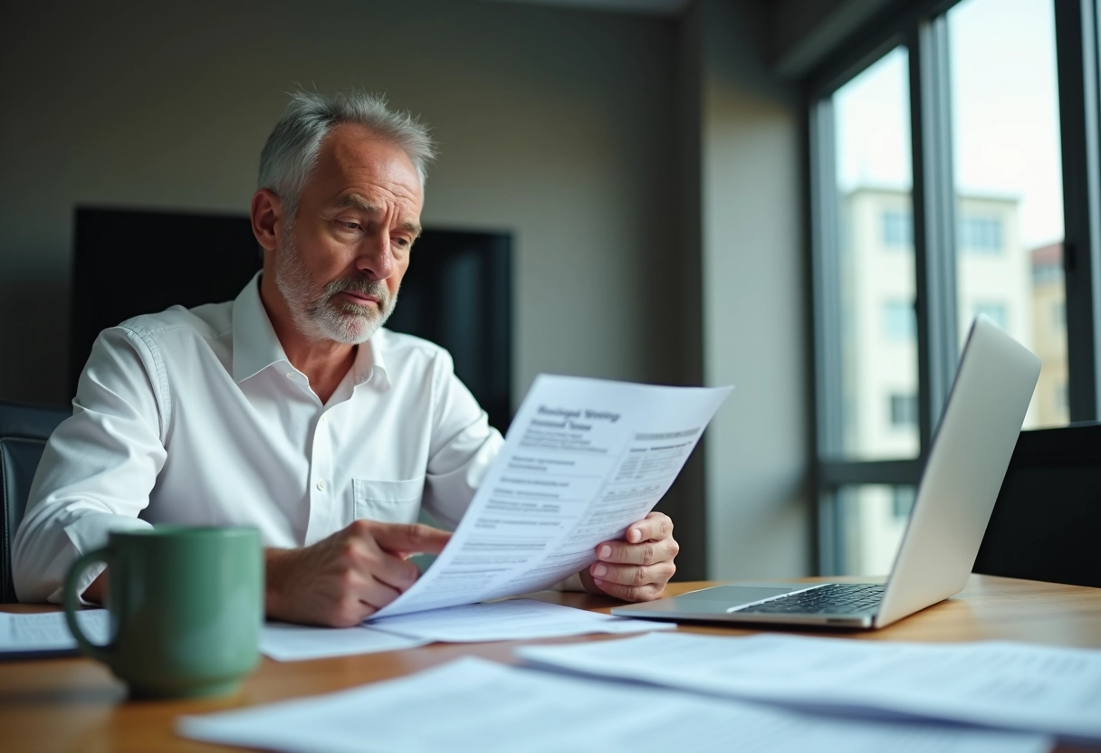 Homme analysant un document de budget en réunion