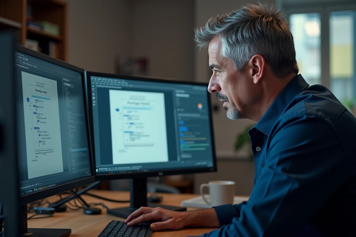 Homme utilisant des symboles fléchés sur un écran d'ordinateur de bureau professionnel