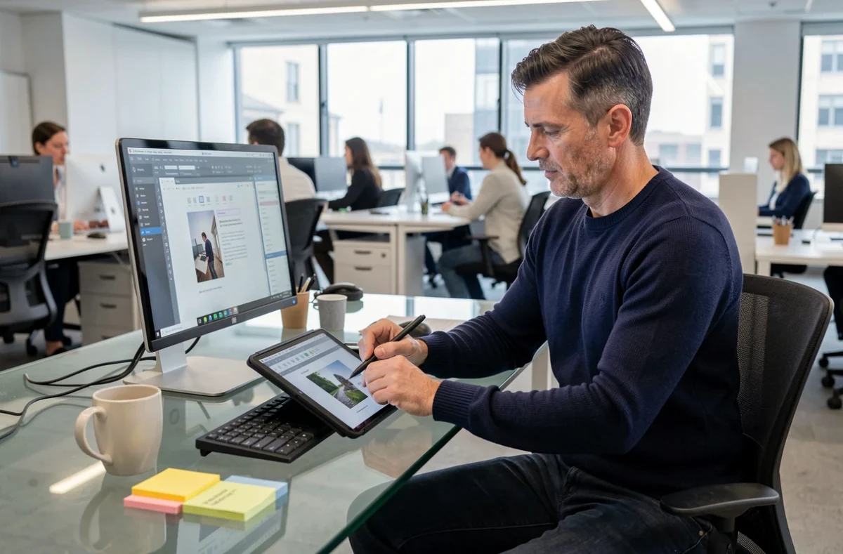 Homme utilisant une tablette graphique pour insérer une image dans un PDF en open space