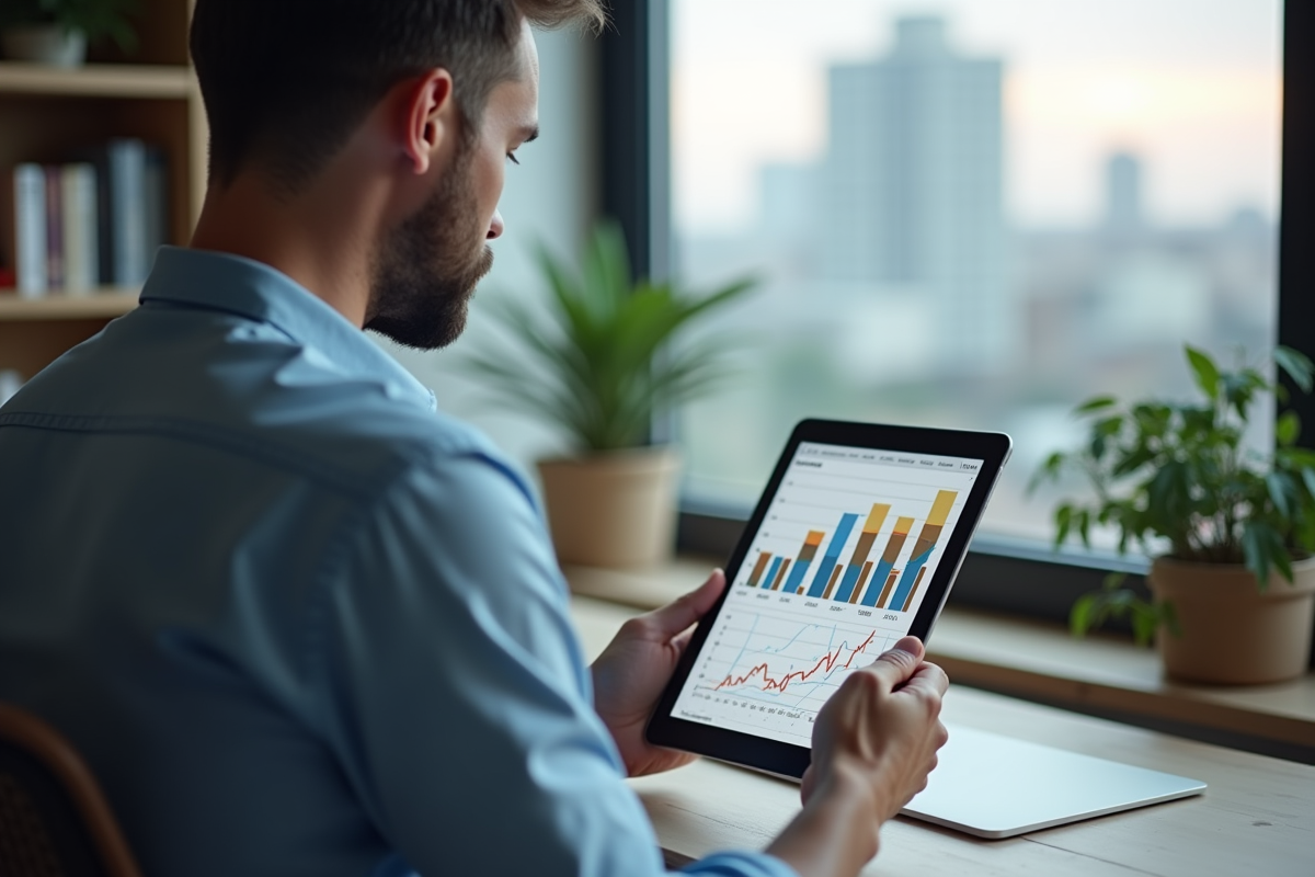 Homme regardant des graphiques SEO sur une tablette dans un cadre maison