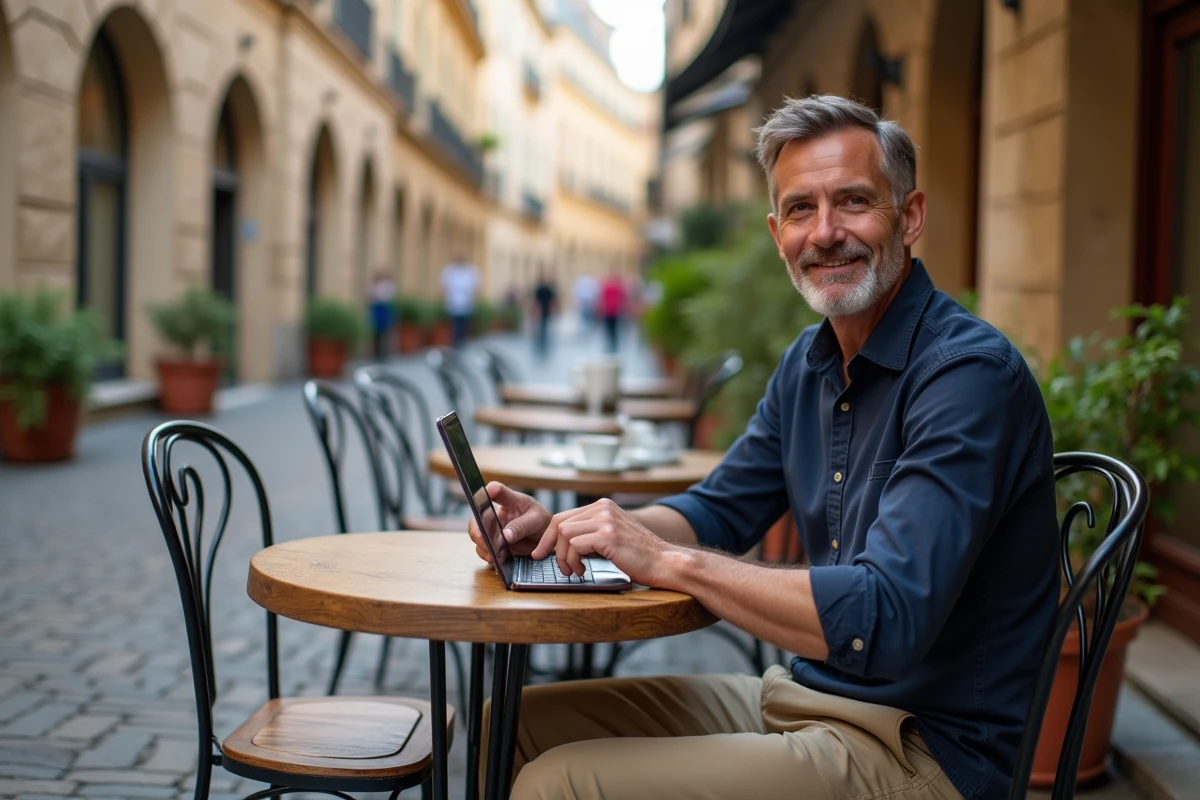 Homme utilisant une tablette pour consulter son webmail en terrasse de café lors d'un déplacement