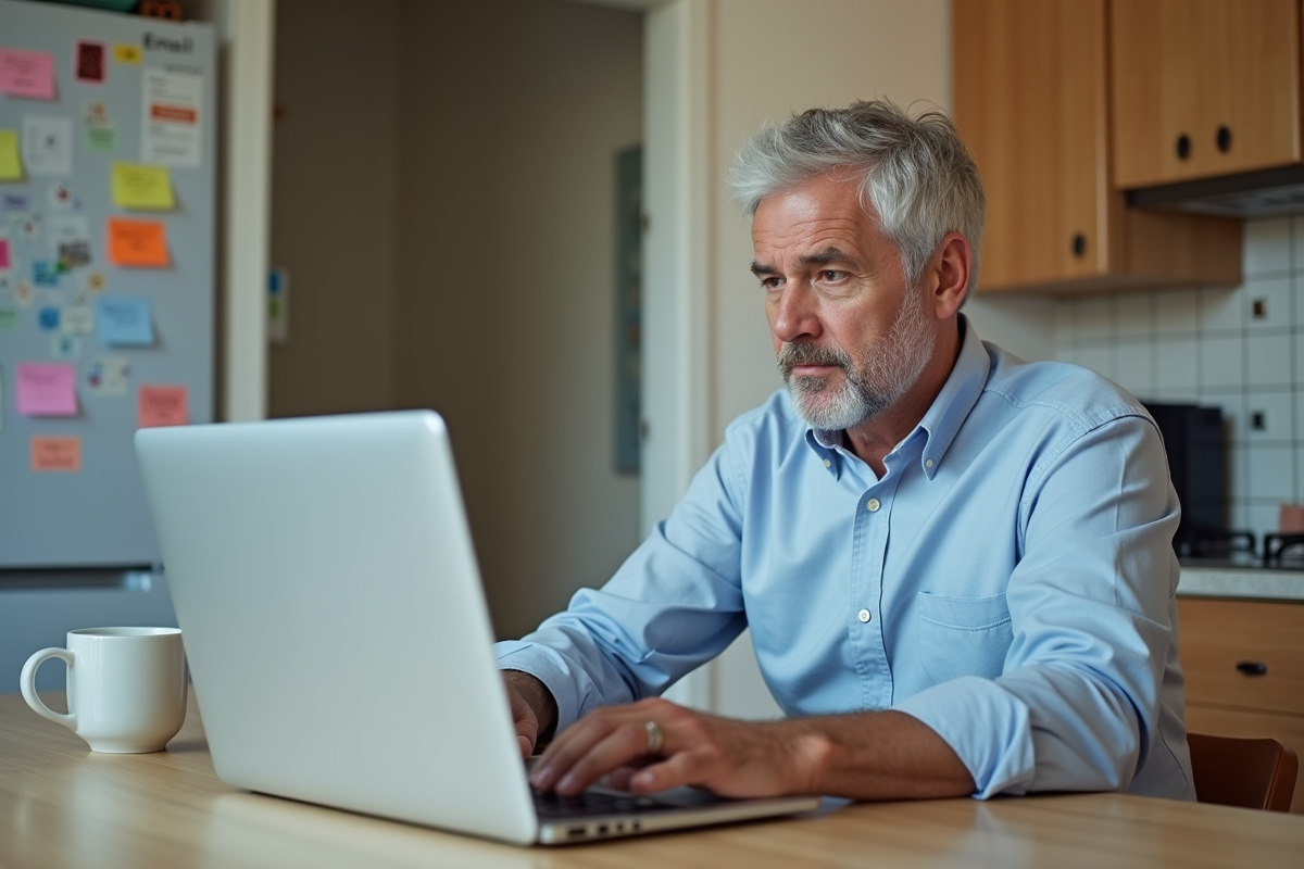 Homme travaillant à la maison sur son ordinateur portable