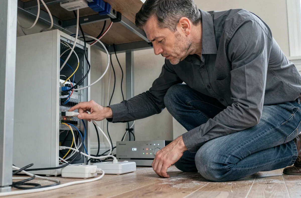 Homme inspectant les câbles réseau et le routeur sous un bureau pour diagnostiquer un problème de port et de connexion internet