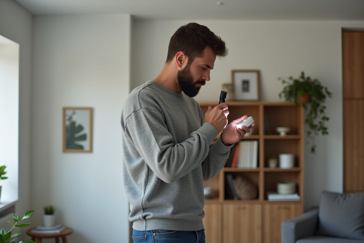 Homme vérifiant un détecteur de fumée dans un salon moderne