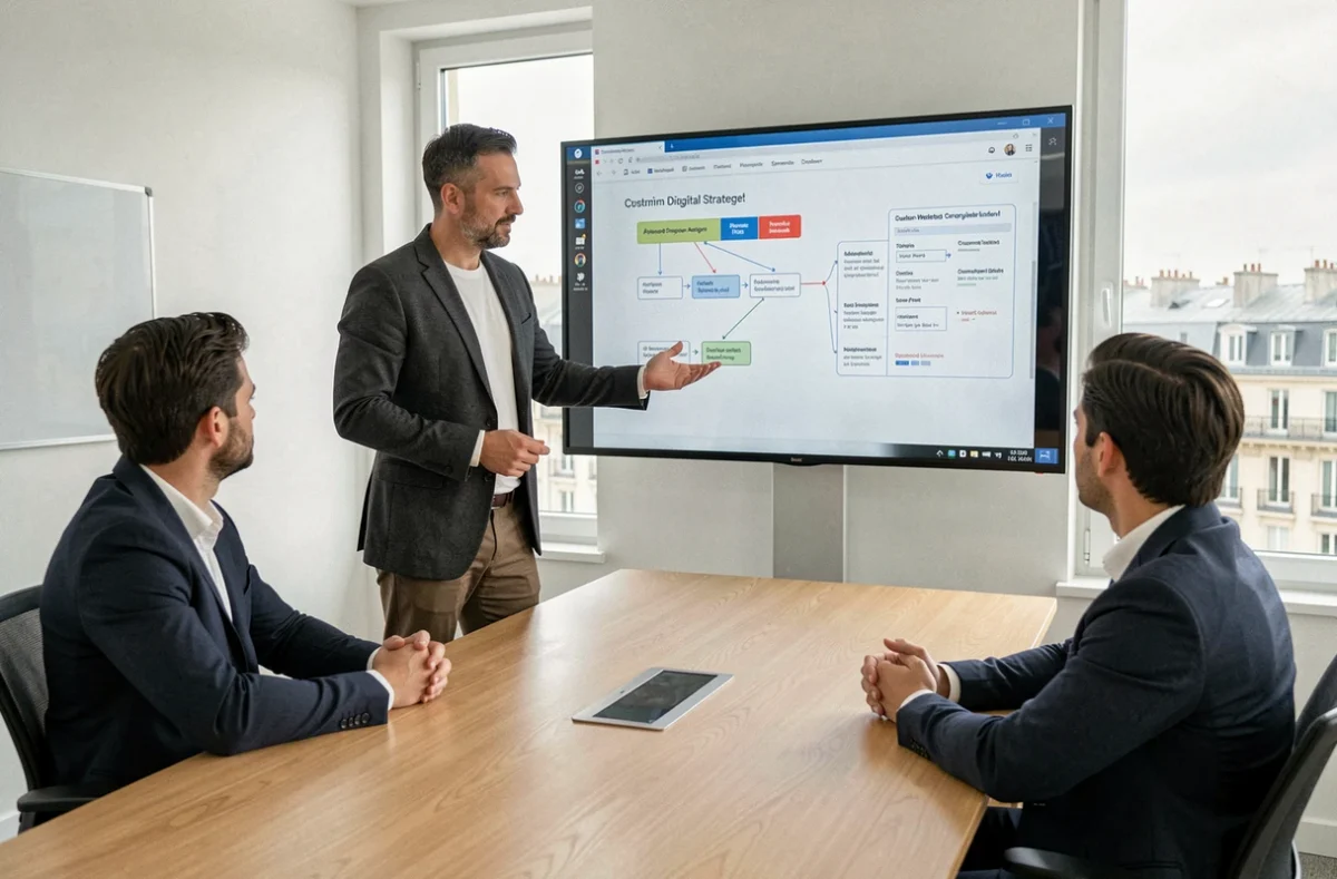 Stratège digital présentant une architecture de site sur mesure et une feuille de route numérique dans les bureaux de l'agence Horizon