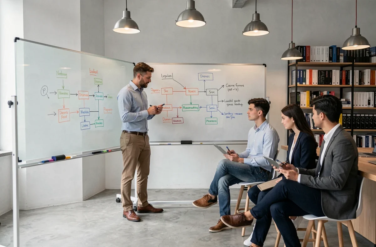 Expert technique d'Icsis animant une session de conception d'architecture pour accompagner la transformation numérique d'un client dans un studio moderne
