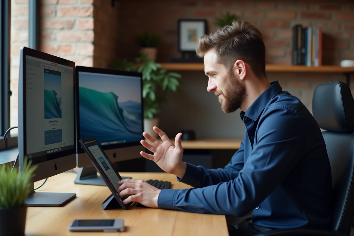 Homme utilisant le geste de balayage de la paume sur une tablette Samsung pour effectuer une capture d'écran