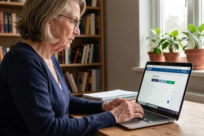 Femme d'âge moyen remplissant un formulaire d'inscription en ligne sur un portail administratif depuis son bureau à domicile