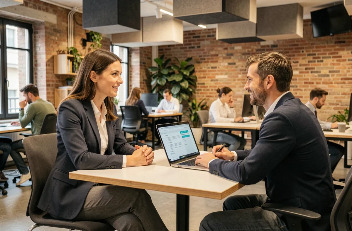 Recruteuse d'Insidegroup en entretien avec un consultant IT dans un espace de coworking à Bordeaux