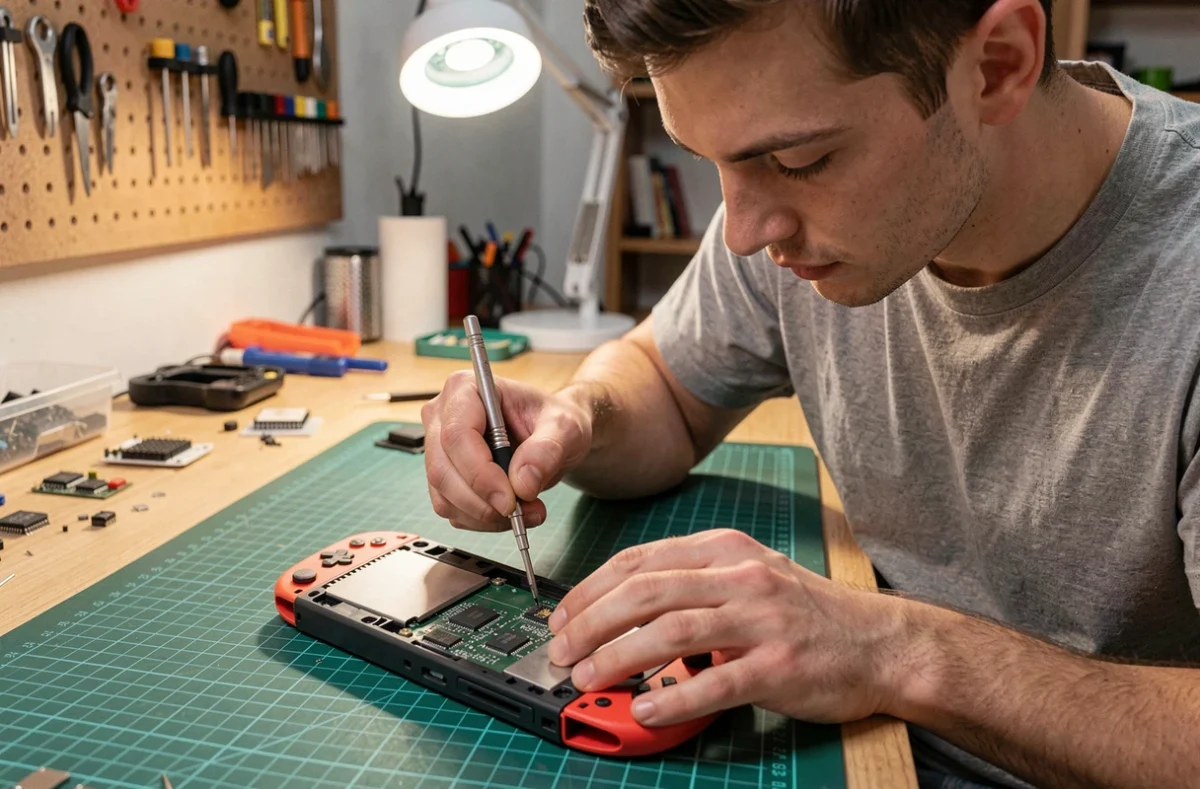 Jeune homme installant un mod chip Cheat Switch dans une Nintendo Switch ouverte sur un tapis antistatique dans un atelier de réparation électronique