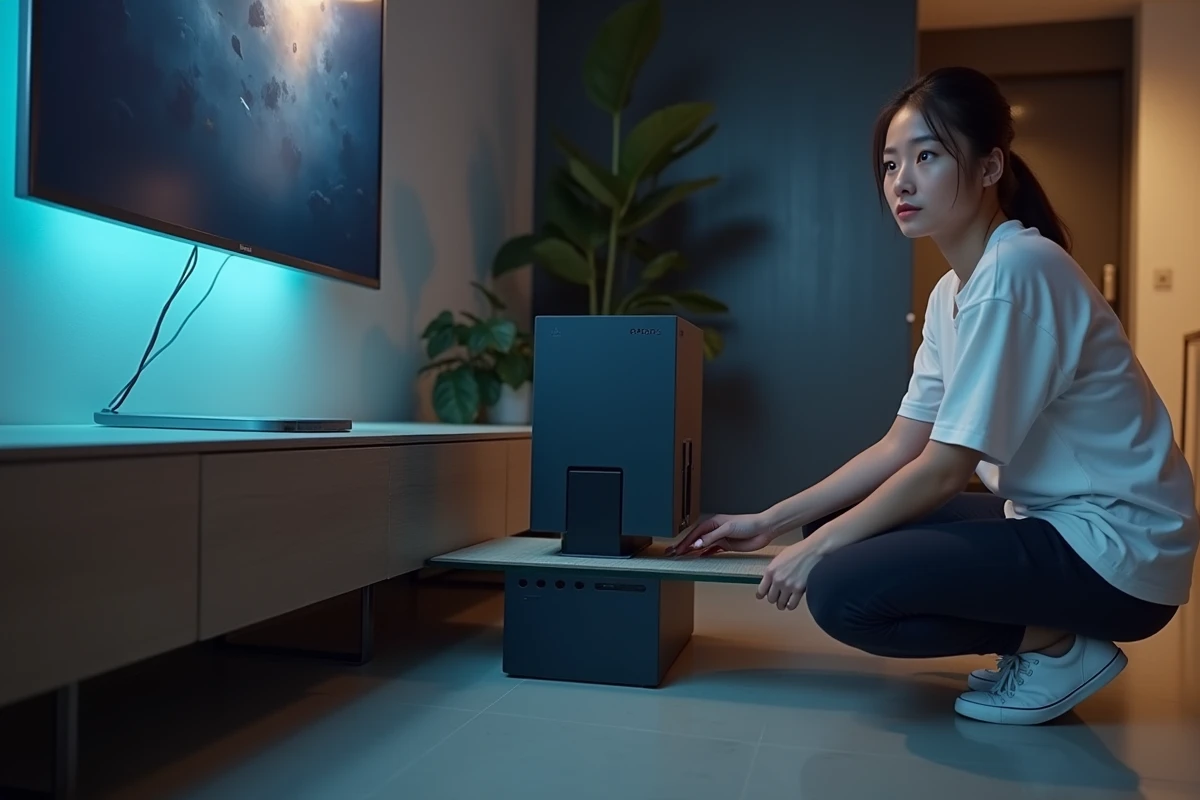 Femme installant des consoles de jeu next-gen sur un meuble TV dans un appartement contemporain
