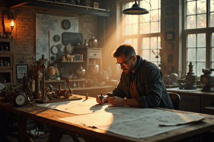 Inventeur dans un atelier vintage avec prototypes et plans
