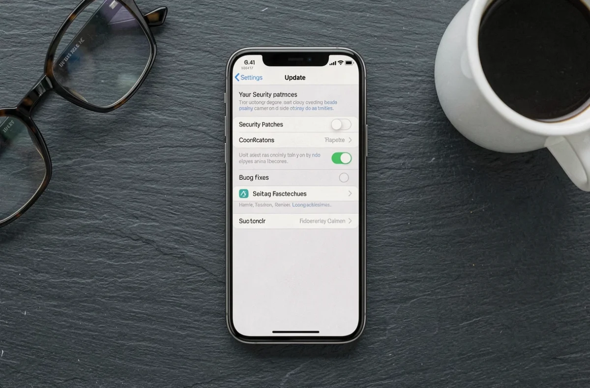 iPhone affichant les correctifs de sécurité iOS 18.4.1 posé sur une surface en ardoise