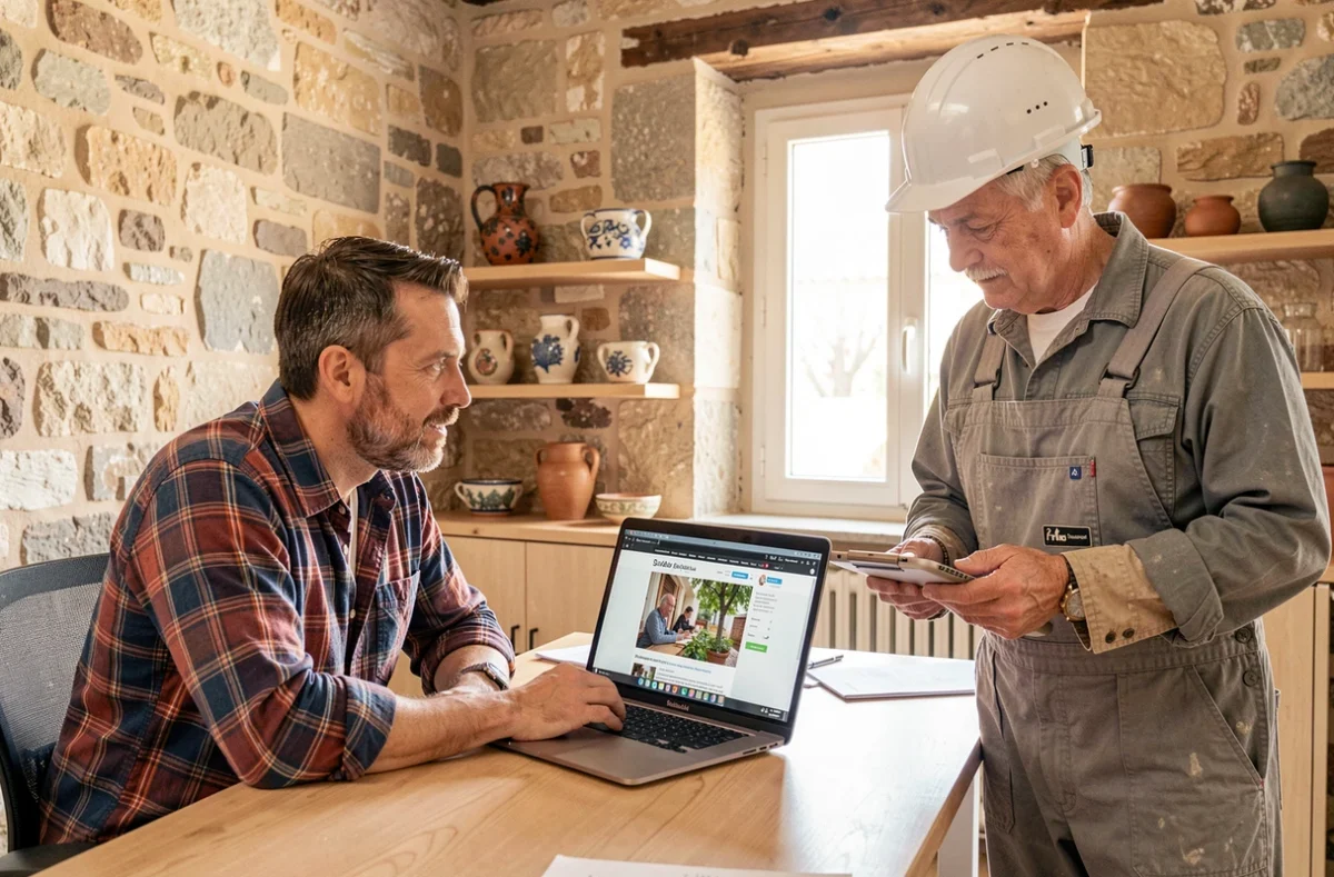 Développeur web présentant un site vitrine à un artisan en Occitanie dans les bureaux de l'agence Jalis