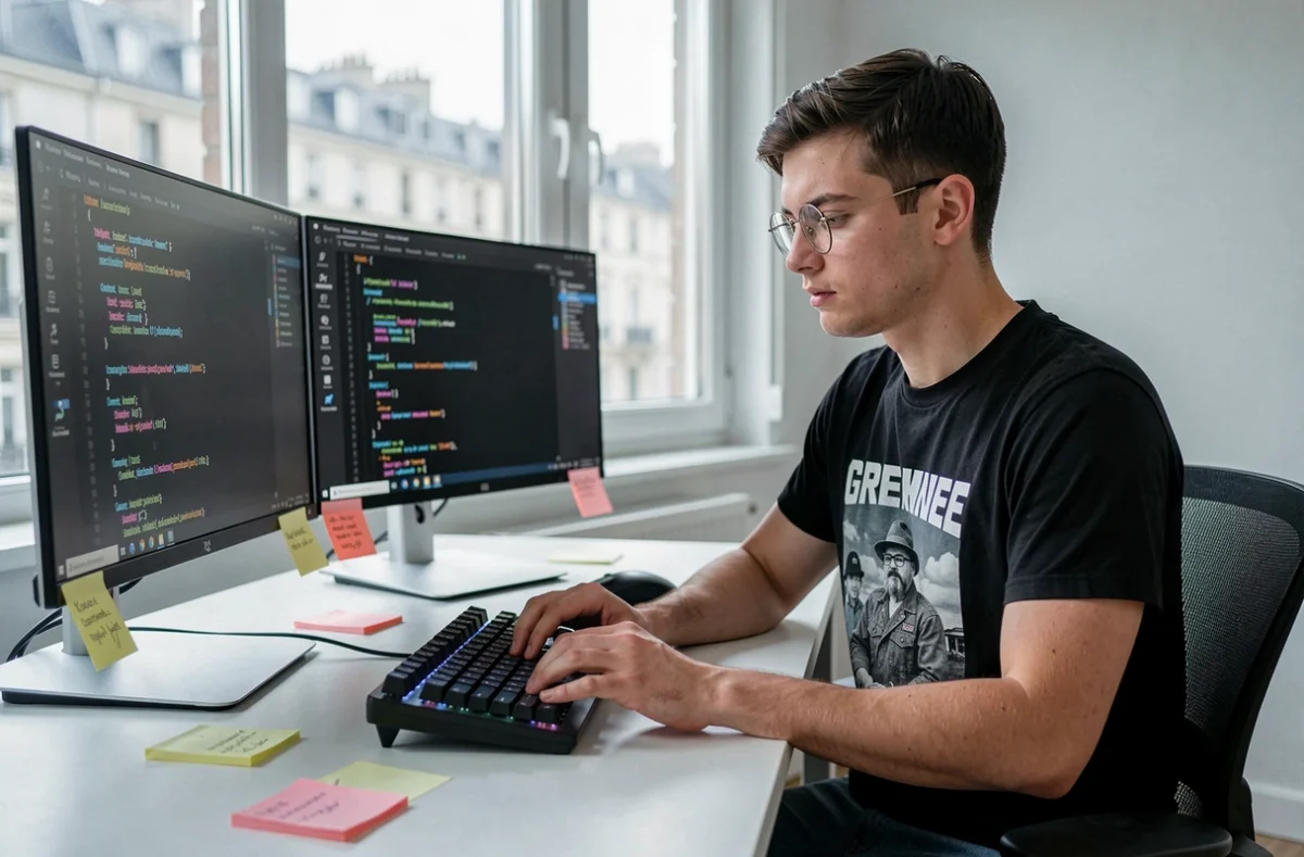 Développeur WordPress concentré dans un studio moderne à Saint-Germain-en-Laye pour Jesuisundev