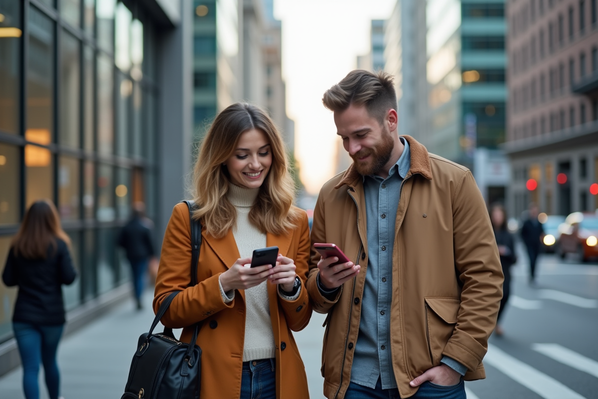Jeune couple urbain regardant leur smartphone dans la rue