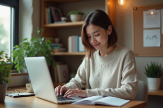 Jeune femme au bureau travaillant sur son ordinateur portable