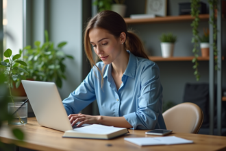 Jeune femme professionnelle travaillant sur un ordinateur dans un bureau moderne