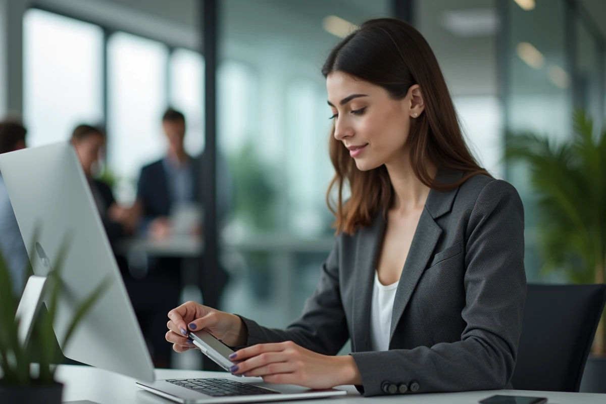 Jeune femme branche un SSD sur un ordinateur en bureau moderne